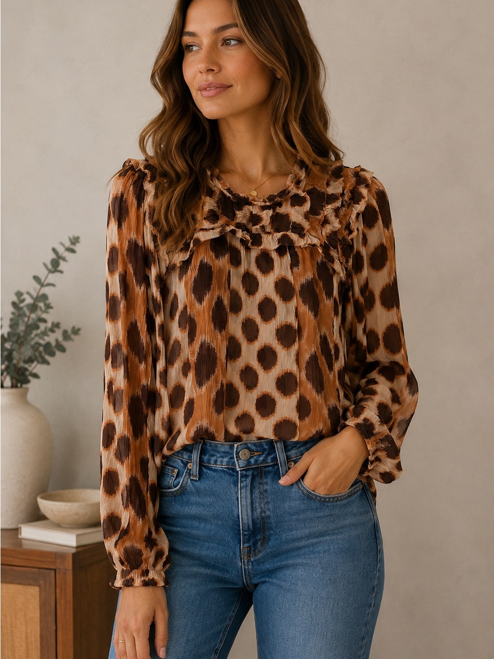 Anthropologie Let Me Be NWT Abstract Ruffle Neck Boho Blouse Medium New